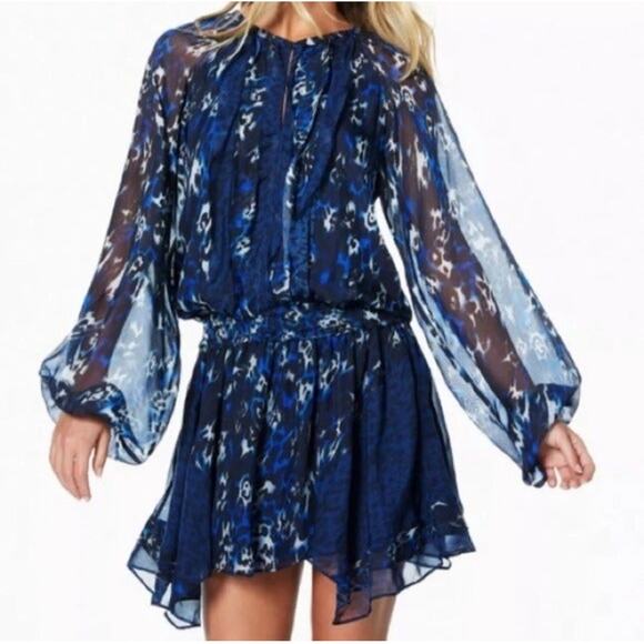 Ramy Brook Guinevere Dress XS 100% Silk Blue Animal Print Blouson Mini Ruffle - Picture 1 of 12